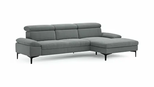Ecksofa Felipa - 2,5-Sitzer mit Longchair rechts inkl. Kopfteil verstellbar, Stoff, Grau