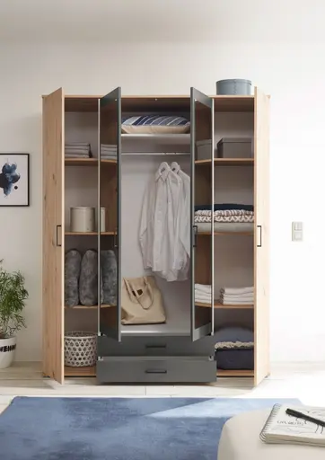 Drehtürenschrank- B ca. 160 cm, Eiche Dekor, Spiegel, Anthrazit