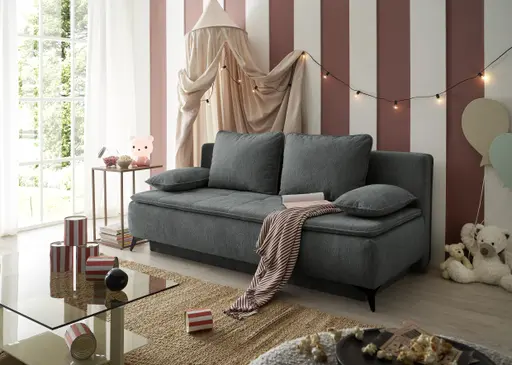 Sofa JANIN - 2-Sitzer, Schlaffunktion mit Bettkasten, Stoff, Dunkelgrau
