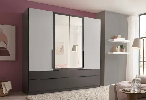 Drehtürensvhrank- B ca. 228 cm, Graphit, Lichtgrau, Spiegel