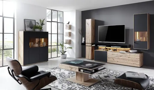 Highboard - mit Beleuchtung, Riffbuche massiv, Mattglas, Anthrazit