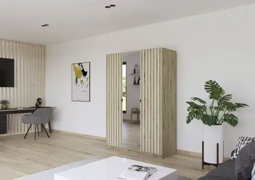 Drehtürenschrank RUERTO- B ca. 136 cm, Eiche Dekor, Weiß, Paneel, Eiche Dekor, Spiegel