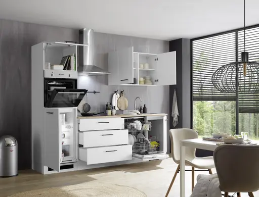 Küchenblock- inkl. E-Geräte, B ca. 260 cm, Weiß Matt, Eiche Dekor