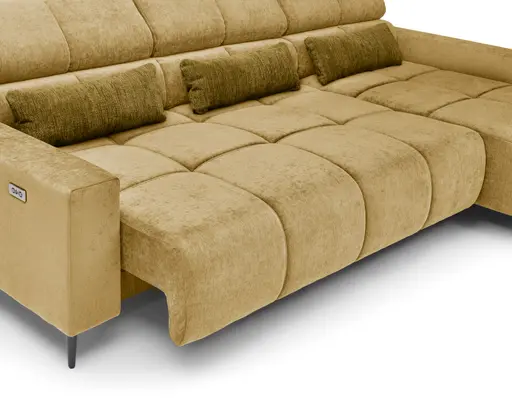 Ecksofa - 2-Sitzer mit Longchair rechts, Sitztiefe verstellbar motorisch/Kopfteil verstellbar, Stoff, Senfgelb