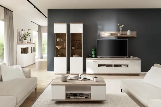 Couchtisch - mit Türen, LBH ca. 115x65x42 cm, Weiß, Absetzung Eiche