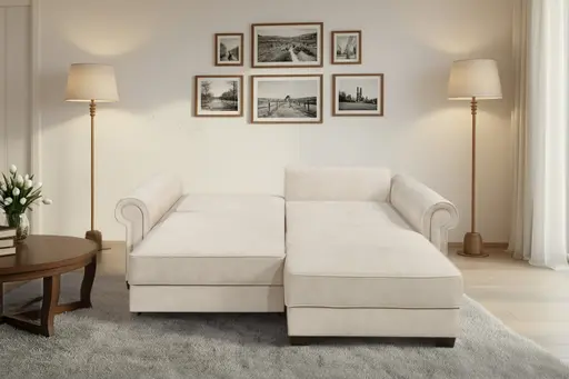Ecksofa  - Sofa 2-Sitzer mit Longchair rechts, Schlaffunktion mit Bettkasten, Stoff, Creme