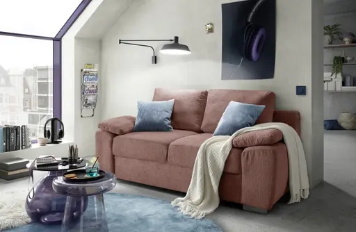 Schlafsofa EMIEL - 2-Sitzer inkl. Schlaffunktion und Bettkasten, Stoff, Koralle