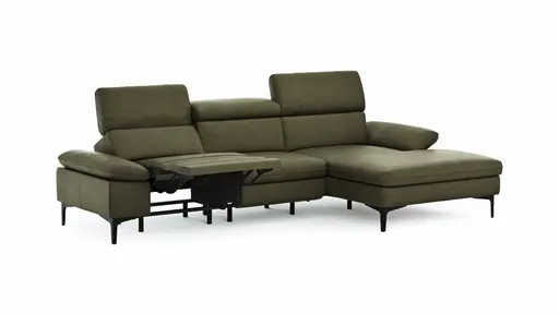 Ecksofa Felipa - 2,5-Sitzer mit Longchair rechts inkl. Armlehne verstellbar und Rückenlehne/Sitztiefe verstellbar (motorisch), Leder, Olive