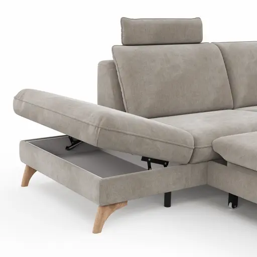 Ecksofa Tulsa KS - 1,5-Sitzer mit Anstellhocker aufklappbar links, Spitzecke und 2,5-Sitzer rechts, inkl. Kopfstütze, AL verstellbar und Schlaffunktion, Stoff, Graubeige