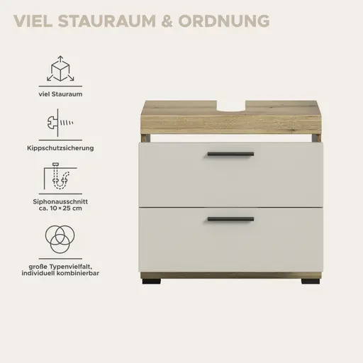 Waschbeckenunterschrank - B ca. 60 cm, Evoke Eiche Nachbildung, Kaschmir
