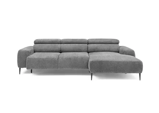 Ecksofa - 2-Sitzer mit Longchair rechts, Sitzvorzug motorisch, Kopfteil verstellbar, Stoff, Grau