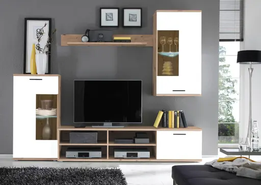 Wohnwand - mit Beleuchtung, Weiß, Eiche Dekor