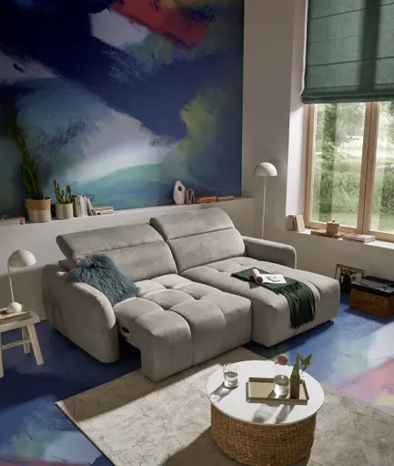 Ecksofa MADAN - 1,5-Sitzer mit Longchair rechts, Sitztiefe verstellbar motorisch, Kopfteil verstellbar, Stoff, Truffle