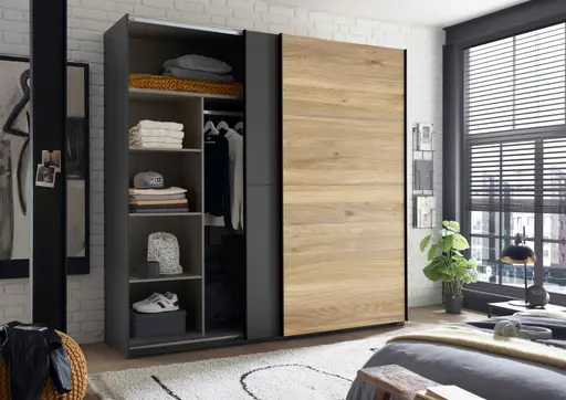 Schwebetürenschrank- B ca. 215 cm, Graphit, Eiche Dekor