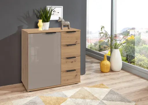 Kommode WANJA- Eiche Dekor, Glas, Saharagrau