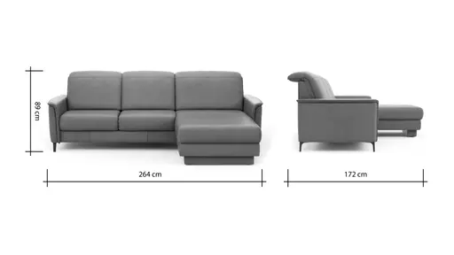 Ecksofa Bolivien - 2,5-Sitzer mit Longchair rechts, Kopfteil verstellbar, Leder Steel