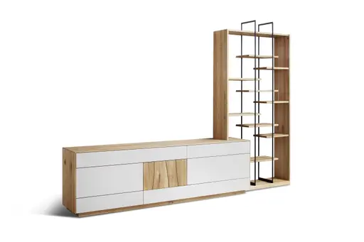 Wohnwand Mileto - BHT ca. 320x231x46 cm, Farbglas, Weiß, Naturdesign