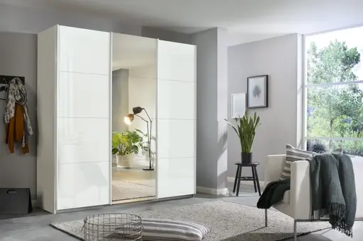 Schwebetürenschrank RIVASA- B ca. 203 cm, Weiß, Weiß Hochglanz, Spiegel