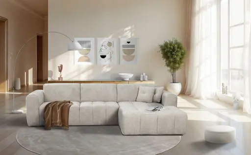 Ecksofa - 2-Sitzer mit Longchair rechts, Sitztiefe verstellbar, Stoff, Silbergrau