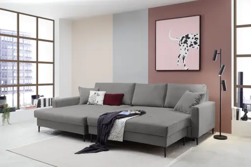 Ecksofa - Longchair links mit 3-Sitzer, Schlaffunktion mit Bettkasten, Stoff, Grau