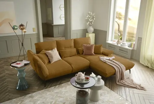 Ecksofa PAYTON - 2-Sitzer, Ecke rechts inkl. Rückenneigung, Armteilverstellung, Stoff, Senfgelb