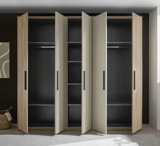 Drehtürenschrank - B. ca. 250,4 cm, Außentüren Holzdekor, Mitteltüren Beige