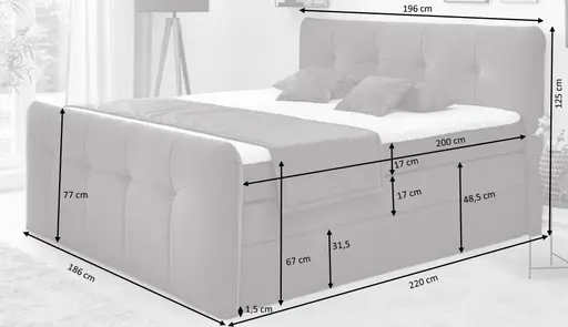 Boxspringbett HOLLIE- Liegefläche ca. 180x200 cm, Stoff, Grau, Bonell, Inkl. Topper