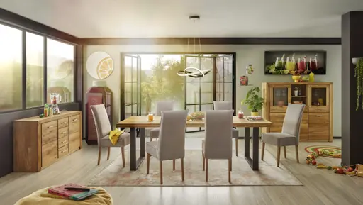 Esstisch - LB ca. 240x100 cm, Eiche; Massiv, Geölt, Grade, Metall, Schwarz