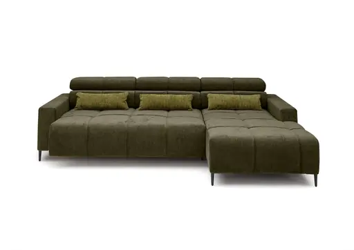 Ecksofa - 2-Sitzer mit Longchair rechts, Sitztiefe verstellbar motorisch/Kopfteil verstellbar, Stoff, Dunkelgrün