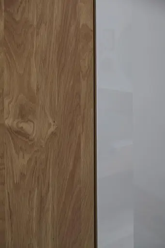 Drehtürenschrank Lenoso - B. ca. 306 cm, Eiche massiv, Glas, Champagner