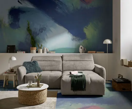Ecksofa MADAN - 1,5-Sitzer mit Longchair rechts, Sitztiefe verstellbar motorisch, Kopfteil verstellbar, Stoff, Truffle