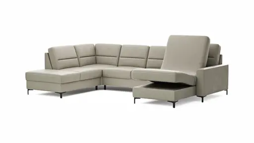 Wohnlandschaft Merlos H - Ecke links mit 2,5-Sitzer und Longchair rechts inkl. Relaxfunktion (motorisch), Leder, Kreide