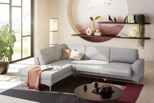 Ecksofa CALM 2.0 - Ecke links mit 2,5-Sitzer, Schlaffunktion mit Bettkasten, Stoff, Silbergrau
