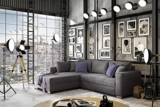 Ecksofa JAMELL - 2,5-Sitzer, Ecke rechts inkl. Schlaffunktion mit Bettkasten, Stoff, Grau