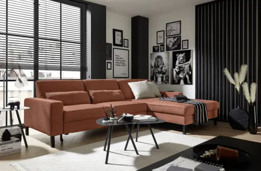  Ecksofa CALM MOVE 2.0 - 2,5-Sitzer mit Longchair rechts, Schlaffunktion, Feincord, Rost