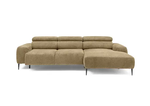 Ecksofa - 2-Sitzer mit Longchair rechts, Sitzvorzug motorisch, Kopfteil verstellbar, Stoff, Senfgelb