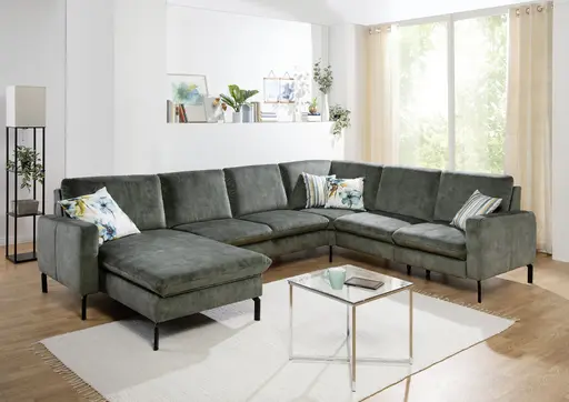 Wohnlandschaft - Longchair links mit 2-Sitzer und Ecke rechts, Stoff, Olive