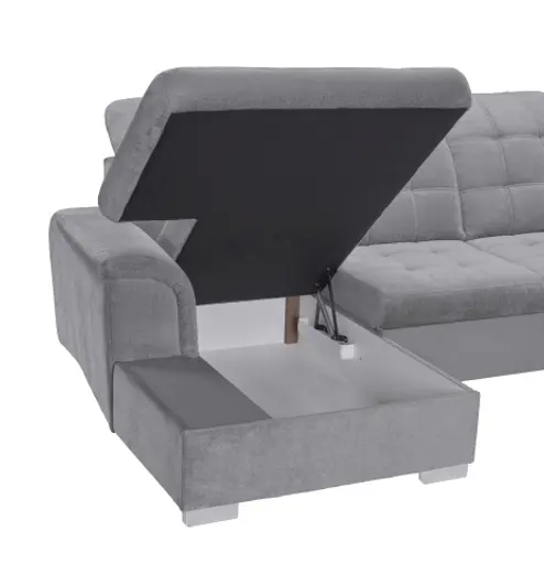 Wohnlandschaft - Longchair links, 1,5-Sitzer, Ecke rechts inkl. Schlaffunktion und Bettkasten, verstellbare Kopfstützen, Stoff, Grau