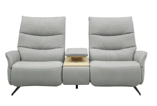 Sofa EM Lun - 2,5-Sitzer, Tisch mit Kissen, Relaxfunktion, Kopfteilverstellung, Leder, grau