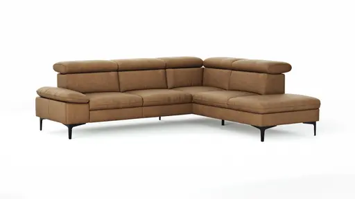 Ecksofa Felipa - 2,5-Sitzer mit Ecke rechts inkl. Kopfteil verstellbar, Leder, Cognac
