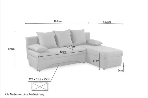 Ecksofa - 2-Sitzer mit Longchair rechts, Schaffunktion mit Bettkasten, Cord, Taupe