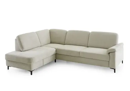 Ecksofa - Ecke links, 3-Sitzer inkl. Schlaffunktion mit Bettkasten, Premiumkopfstützen, 2 ZierkissenStoff, Beige