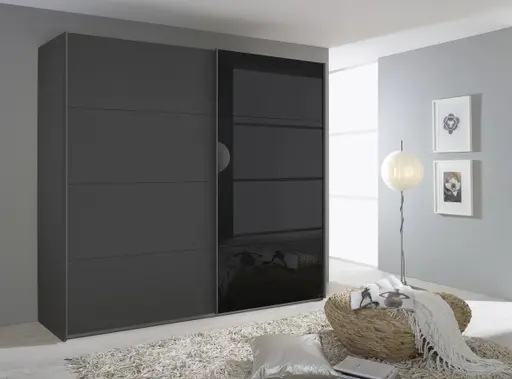 Schwebetürenschrank- B. ca. 226 cm, Graumetallic, Glas, Schwarz