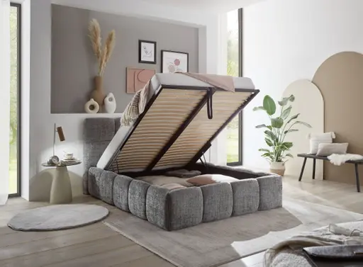 Bettgestell SANDRIN R- Liegefläche ca. 140x200 cm, Stoff, Hellgrau, inkl Latterost und Stauraum