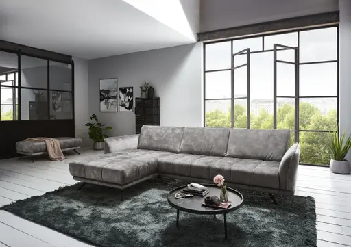 Ecksofa - Longchair links mit 3-Sitzer, Velourstoff, Silbergrau