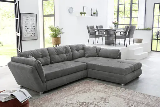 Ecksofa - 2-Sitzer, Ecke rechts inkl. Schlaffunktion und Bettkasten, Stoff, Grau