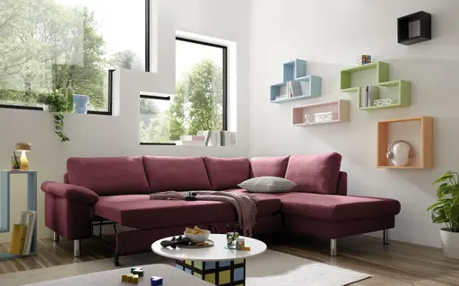 Ecksofa COOL - 2,5-Sitzer mit Ecke rechts, Querschläfer, Stoff, Burgund