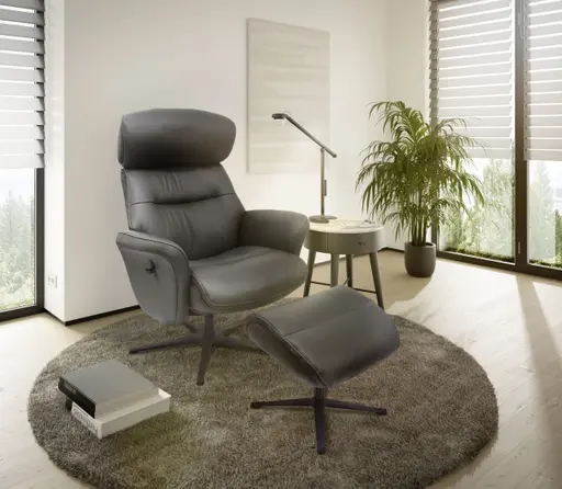 TV-Sessel MIO mit Hocker - drehbar, Relaxfunktion, Kopfteilverstellung, Leder, Dunkelgrau