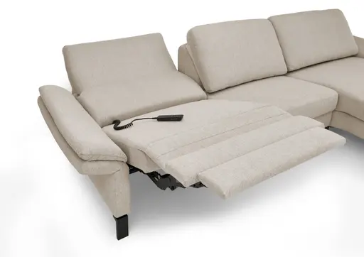 Ecksofa CALM PREMIUM 2.0 - Longchair links mit 3-Sitzer, Relaxfunktion motorisch, Armlehne verstellbar, Stoff, Sand
