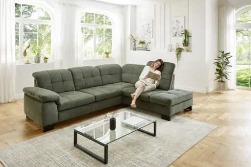 Ecksofa - 3-Sitzer mit Ecke rechts, Kopfteil verstellbar, Stoff, Moos